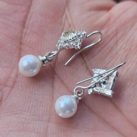 Women Earrings Silver Tone Small Faux Pearl Drop Down Fashion Jewelry New - Picture 2 of 12